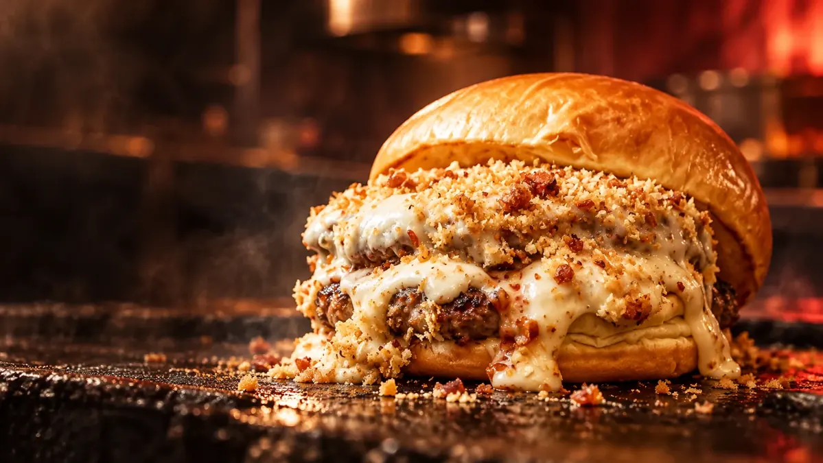 Rapadura Burger com fondue de parmesão e farofa de panko, rapadura e bacon em uma cena cinematográfica