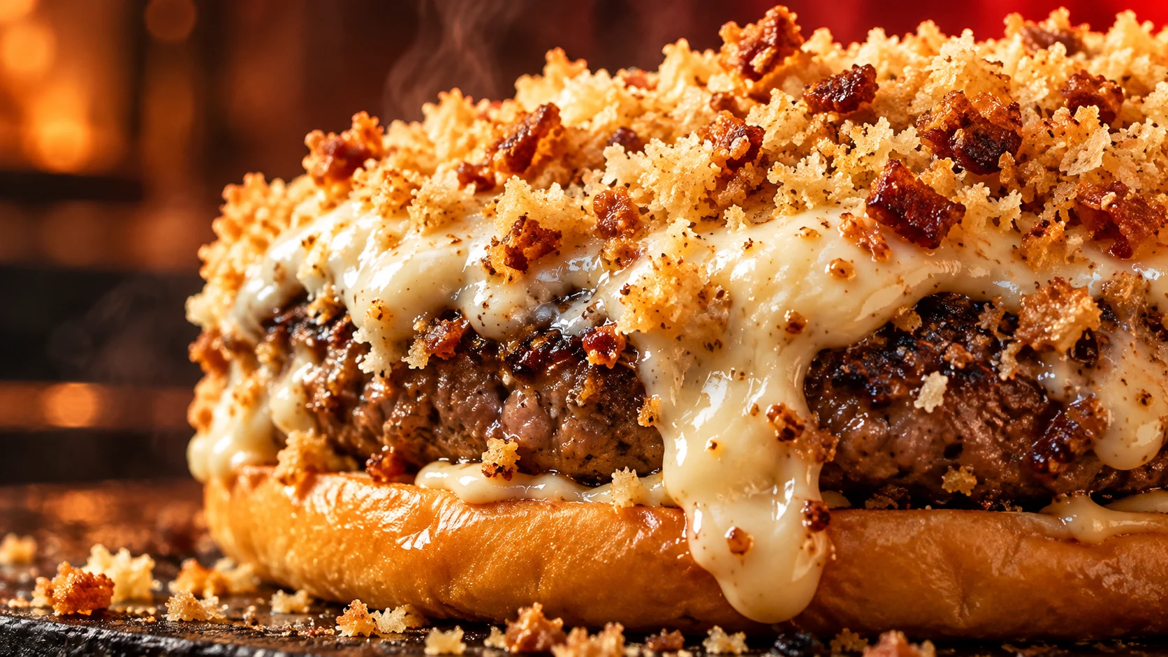 Detalhe do fondue de parmesão com farofa dourada do Rapadura Burger